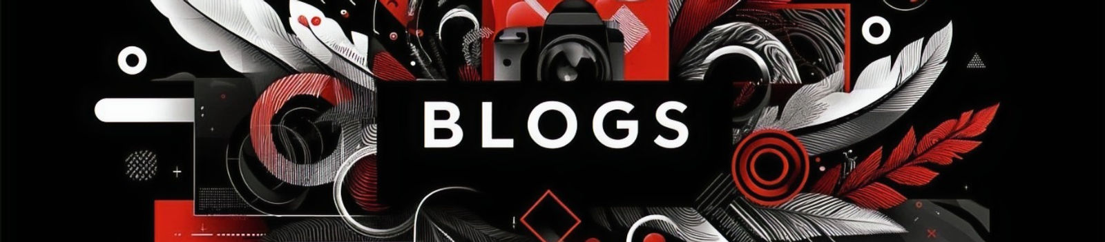 Sophisticated 'BLOGS' title graphic for DMG, combining abstract artistry with symbols of communication and information sharing.